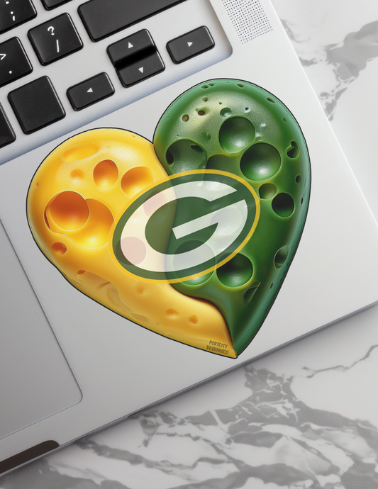 Green Bay Packers Sticker - Custom Green Bay Packers Football Fan Cheese Heart Vinyl Decal - Great Gift! Water Bottle, Laptop, Cooler Decal