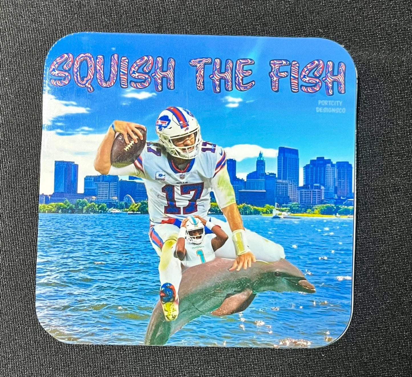 Buffalo Bills Sticker - Custom Vinyl Squish The Fish Sticker, Josh Allen Hurdling Tua in Lake Erie- Water Bottle, Laptop, Cooler Decal